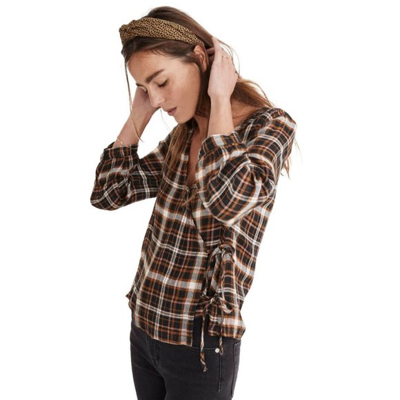 MADEWELL Plaid Gauze Double Tie Wrap Top Drapey Shirt MC275 Womens Size Medium